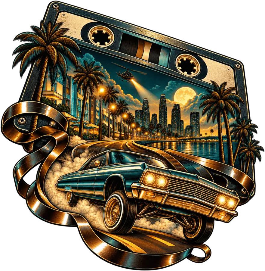 Analog Boulevard limited-edition artwork with a lowrider, cassette tape, palms and a cinematic night skyline