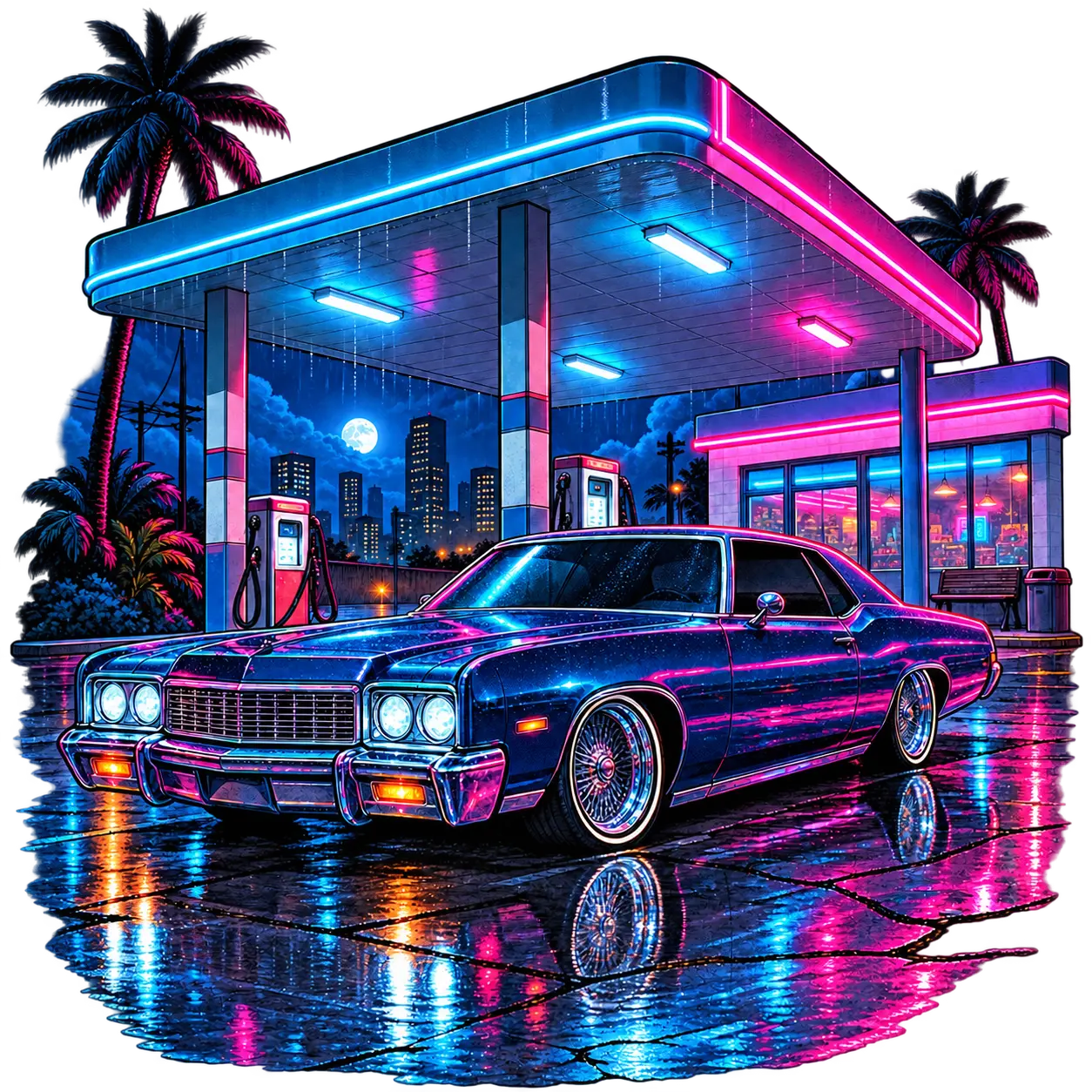 Neon-lit classic lowrider beneath a rain-soaked gas station with palm trees and a moonlit city skyline